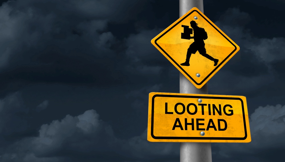 Looting concept and a symbol of a looter during a protest or riot stealing with 3D illustration elements.