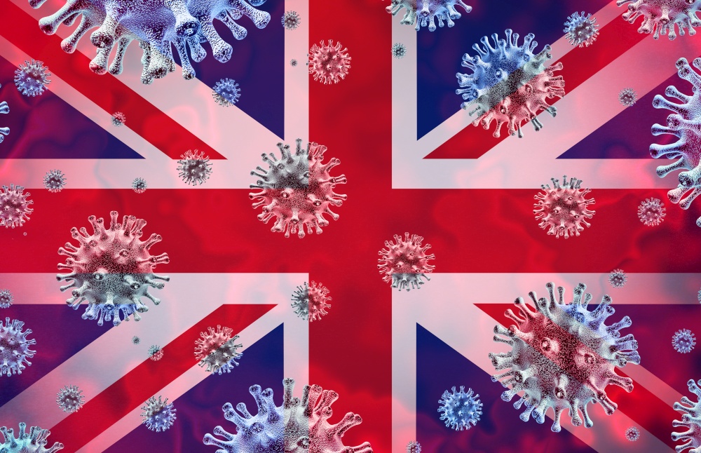 UK coronavirus outbreak and covid-19 and influenza spread as dangerous United Kingdom flu as a pandemic or epidemic medical health risk concept with disease cells as a 3D render