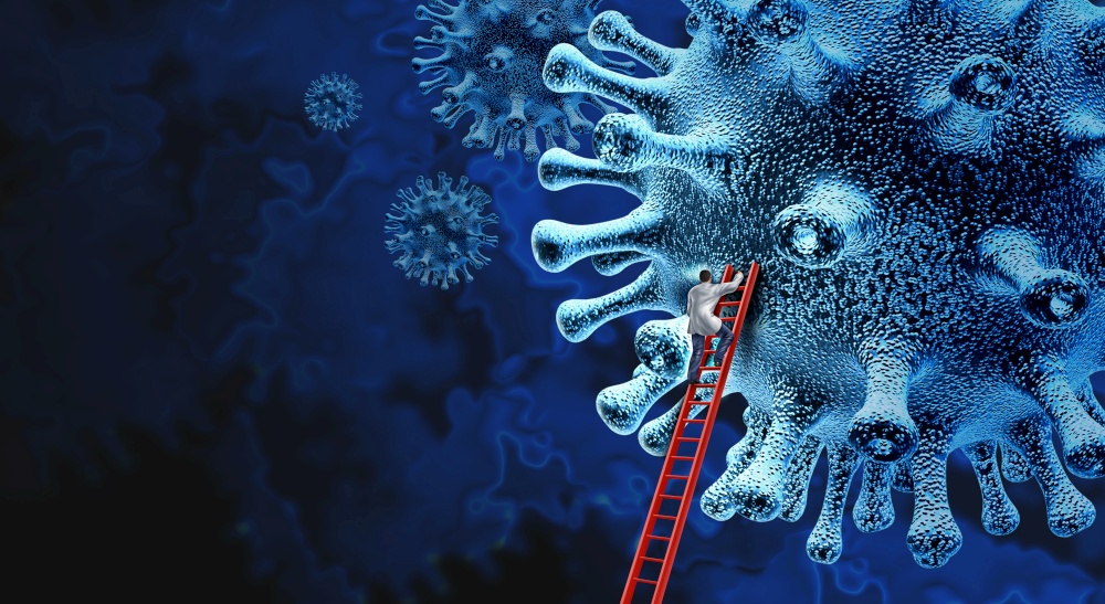 Virus research concept vaccine and flu or coronavirus medical treatment and disease control as a doctor treating pathogen cells as a health care metaphor for researching a cure with 3D illustration elements.
