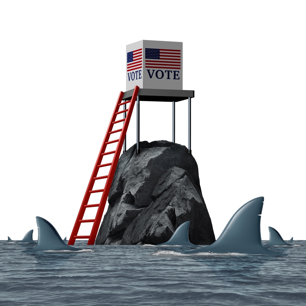 Election suppression and United States vote problem or suppressed voters in the US as a voting issue for difficulty casting votes in the ballot box for presidential or congresional elections with 3D illustration elements.