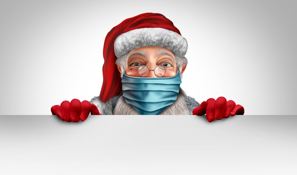 Santa Claus wearing a face mask banner concept as a Christmas holiday season symbol for health and healthcare disease prevention as medical equipment preventing a virus in a 3D illustration style.