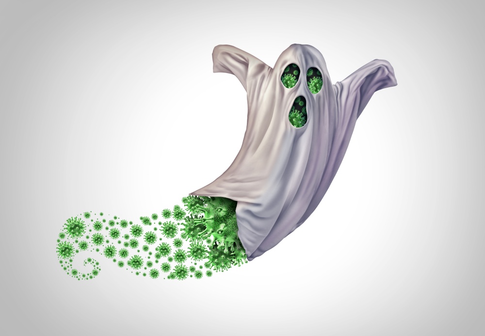 Virus ghost as a halloween seasonal public health risk of covid 19 or coronavirus and flu symbol with 3D render elements.