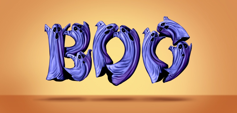 Boo text made of cute halloween flying purple ghost and scary ghosts in a 3D illustration style on an orange background.