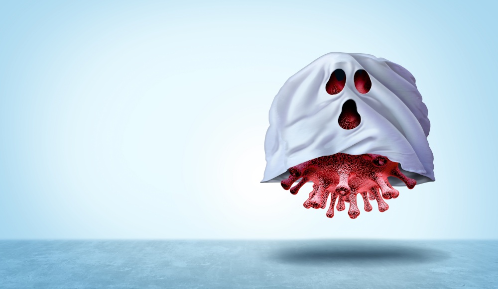 Virus ghost background as a halloween seasonal public health risk of covid 19 or coronavirus and flu symbol with 3D render elements.