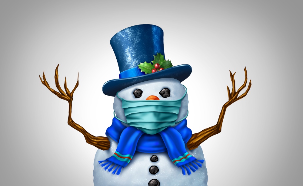 Snowman wearing a face mask concept as a winter snow man holiday season symbol for health and healthcare disease prevention as medical equipment preventing a virus with 3D illustration elements.