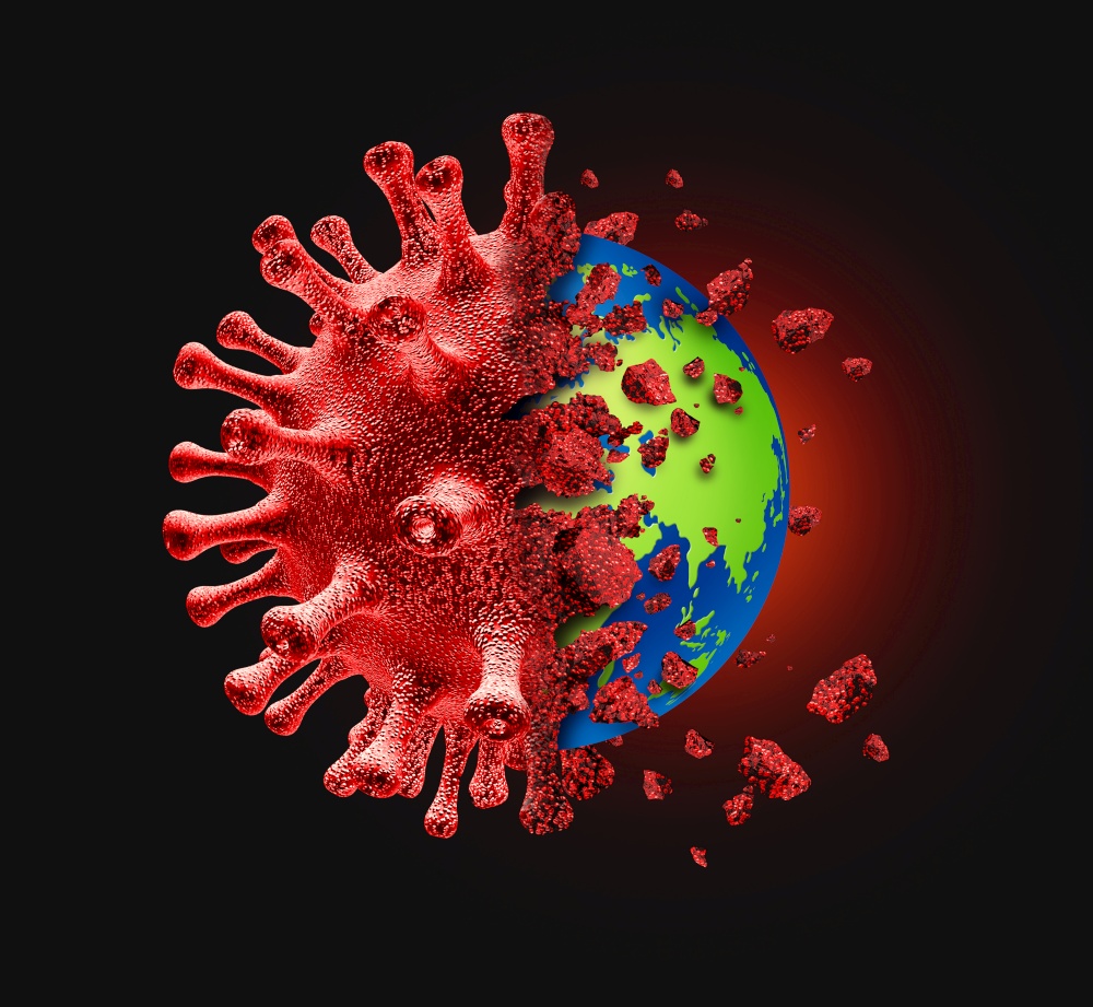 World virus recovery and global vaccine for the flu or coronavirus as the medical international community fighting contagious cells as a symbol for recovering from a pandemic as a 3D render.