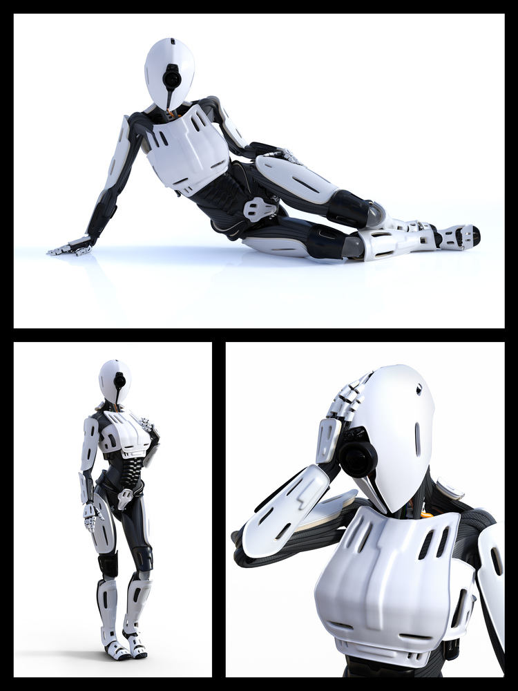 3D rendering collage of a female android robot technology artificial intelligence concept.. 3D rendering of android robot collage.