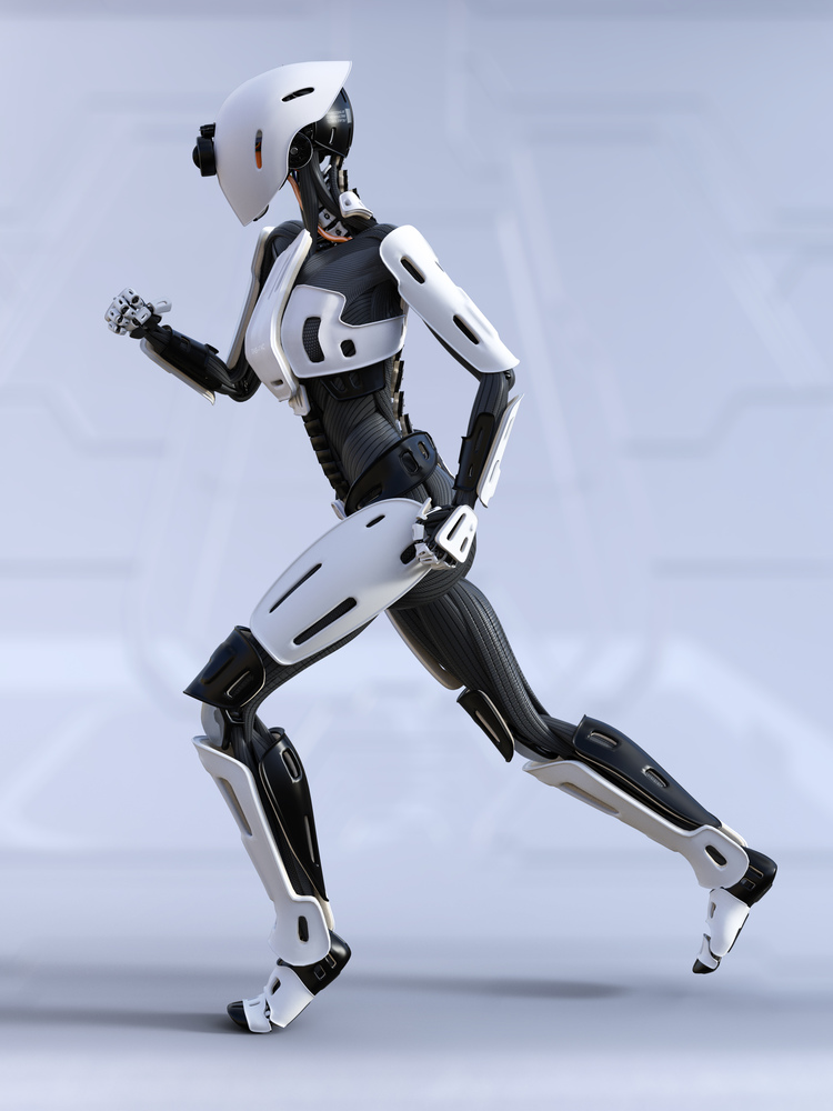 3D rendering of a female android robot running. Futuristic ai concept.. 3D rendering of a female android robot running.