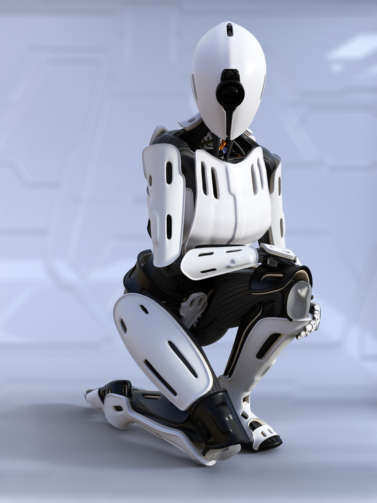 3D rendering of a female android robot sitting down crouching. Futuristic ai concept.. 3D rendering of a female android robot crouching.