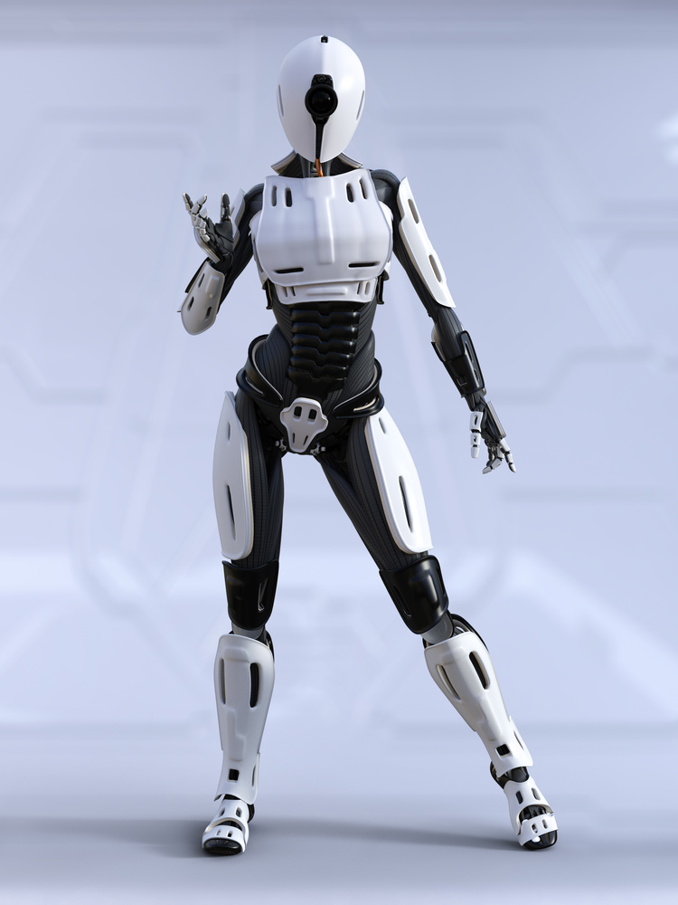 3D rendering of a female android robot standing and posing. Futuristic ai concept.. 3D rendering of a female android robot posing.