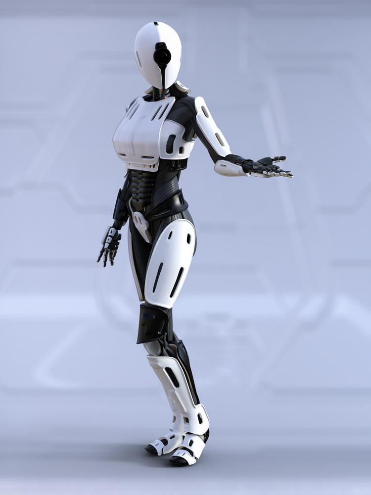 3D rendering of a female android robot standing with its arm out like she is showing something. Futuristic ai concept.. 3D rendering of a female android robot posing.