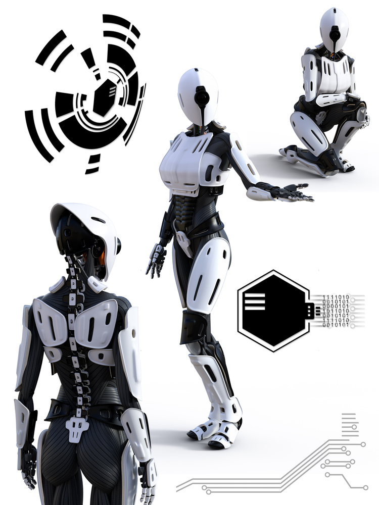 3D rendering of a female android robot technology artificial intelligence concept.. 3D rendering of android robot technology concept.