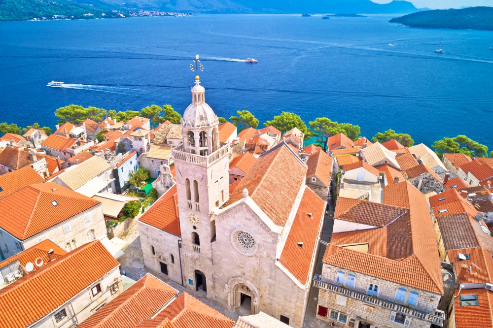 Korcula. Historic town of Korcula cathedral and architecture aerial view, island in archipelago of southern Croatia