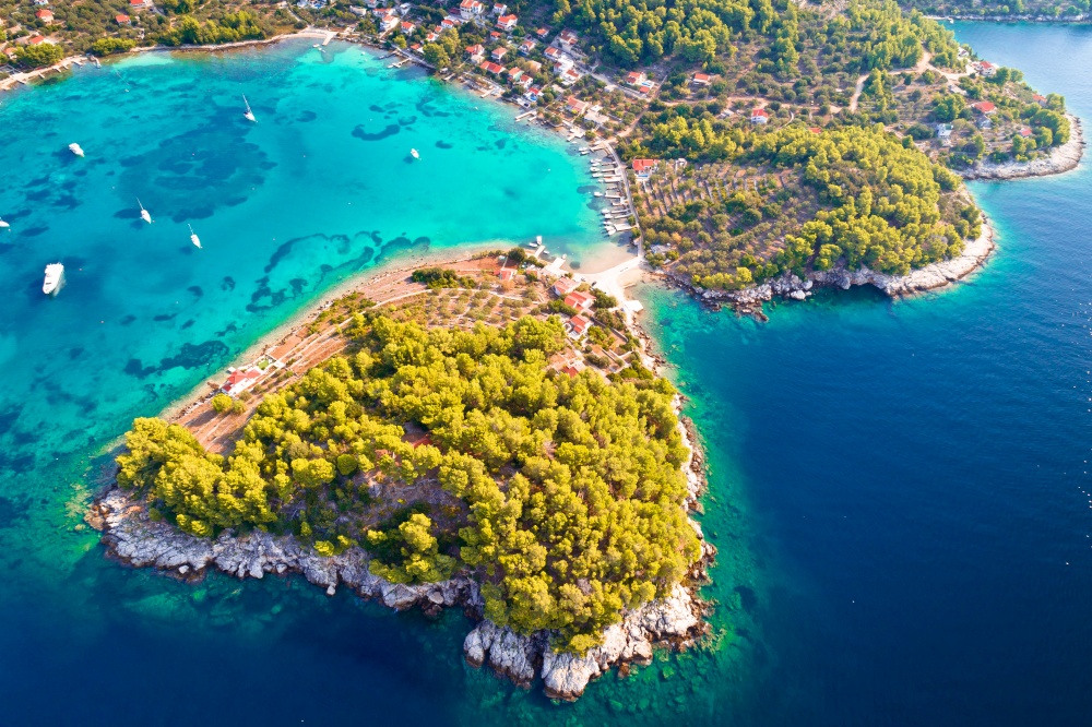 Aerial view of Gradina bay on island Korcula, archipelago of Dalmatia, Croatia