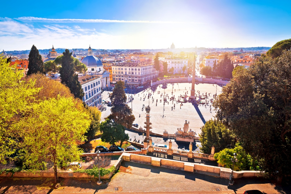 Piazza del Popolo or Peoples square in eternal city of Rome sun haze view, capital of Italy