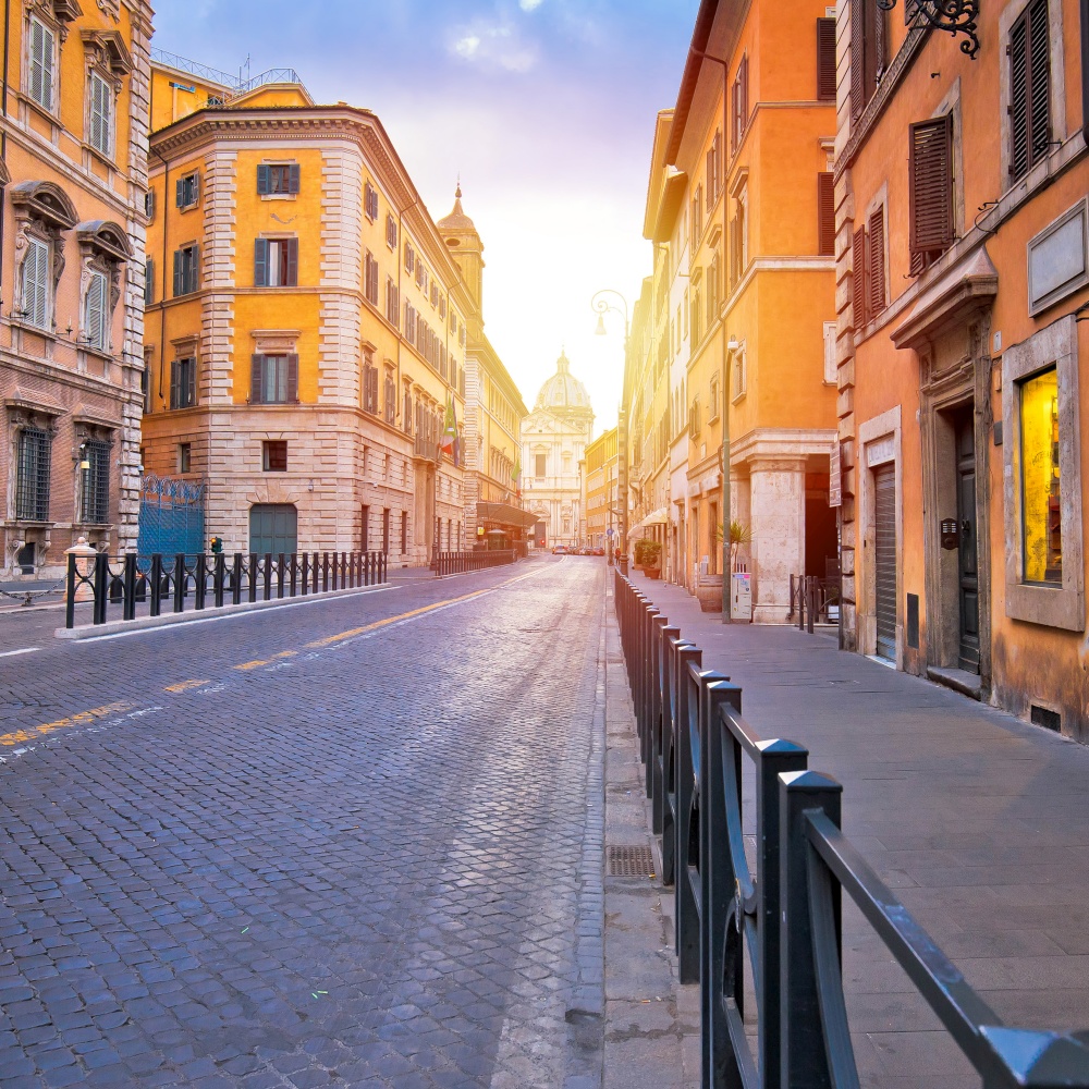 Colorful empty street of Rome dawn view, eternal city and capital of Italy