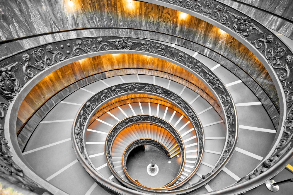 Vatican vortex stairs black and white view from above, Holy See
