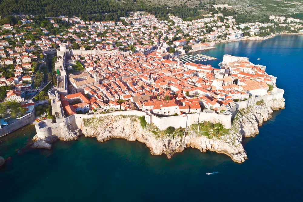 Town of Dubrovnik city walls UNESCO world heritage site aerial view, Dalmatia region of Croatia