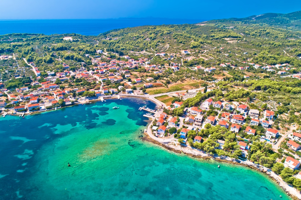 Lumbarda on Korcula island archipelago aerial view, southern Dalmatia, Croatia