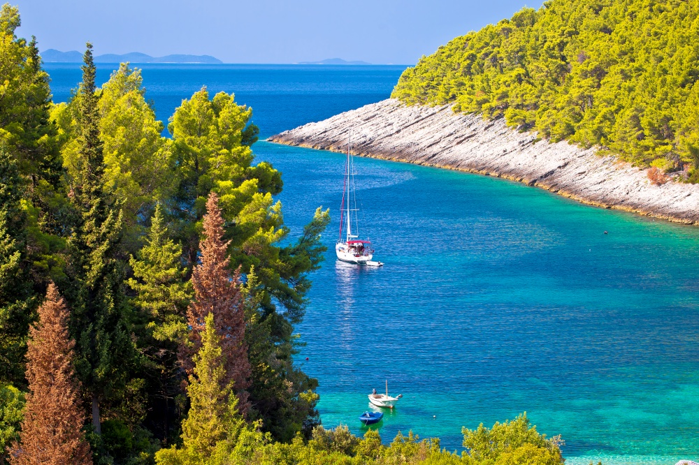 Korcula. Pupnatska Luka cove on Korcula island sailing destination view, southern Dalmatia archipelago of Croatia