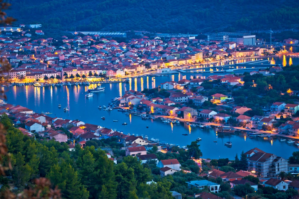 Korcula. Town of Vela Luka evening panoramic view, island of Korcula, Dalmatia region of Croatia