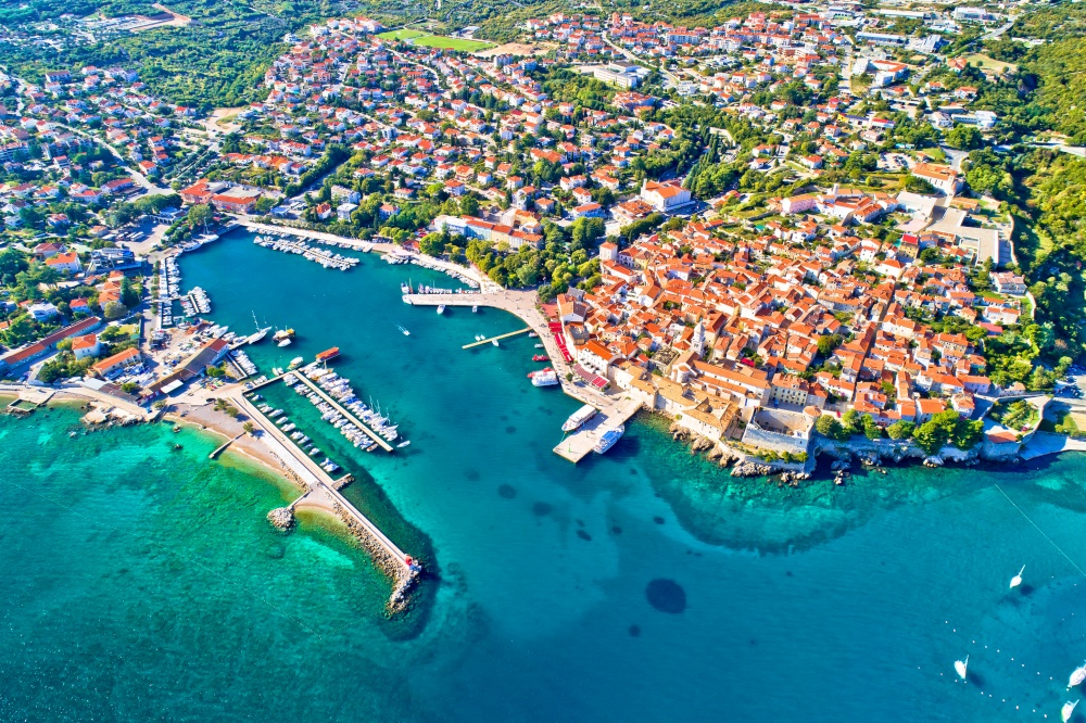 Krk. Idyllic Adriatic island town of Krk aerial view, Kvarner bay of Croatia