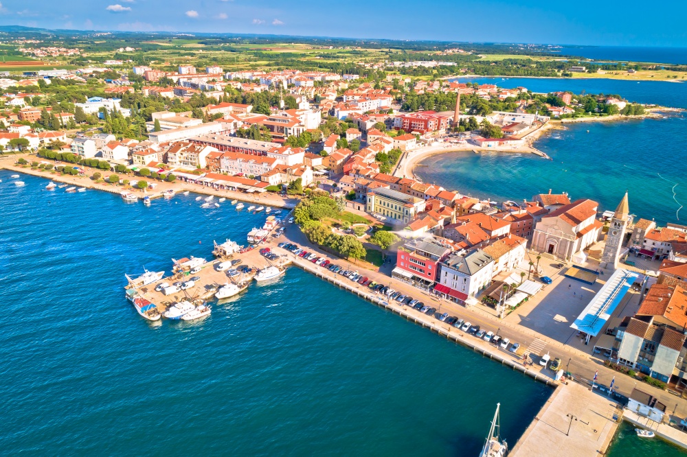 Town of Umag historic coastline architecture aerial view, archipelago of Istria region, Croatia