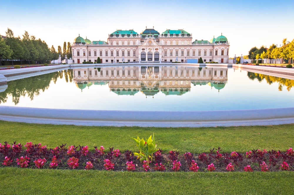 Vienna, Austria, July 3 2018 - Belvedere park in Vienna water reflection view, famous landmark in capital of Austria.