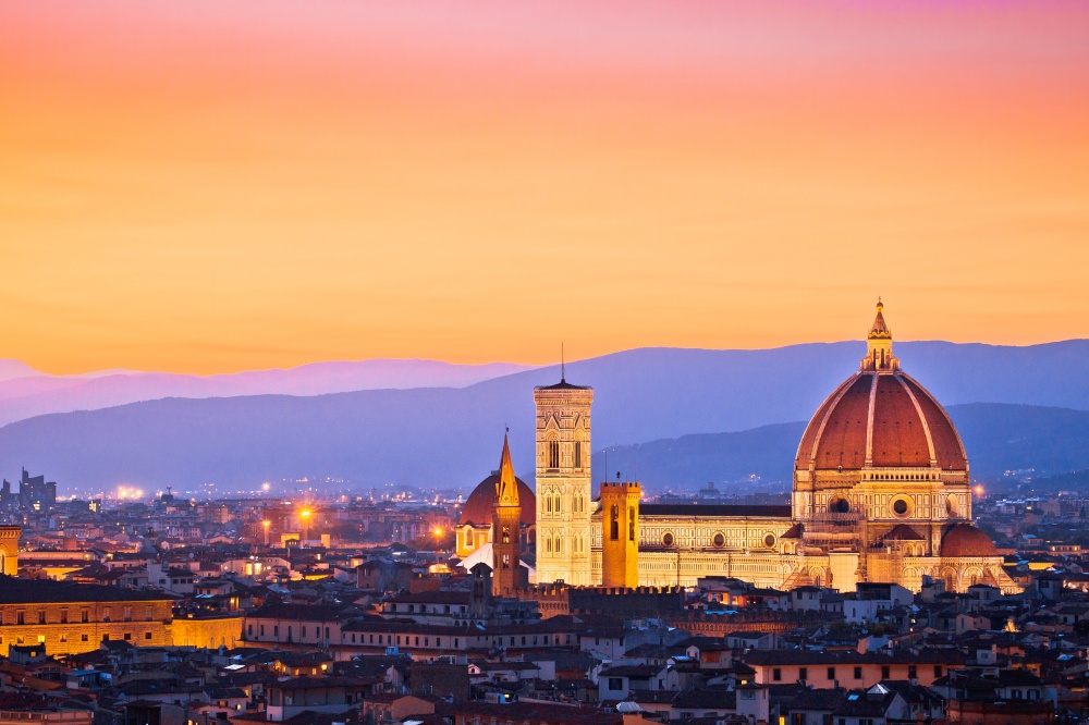 Colorful Florence rooftops and Duomo view at sunset, Tuscany region of Italy