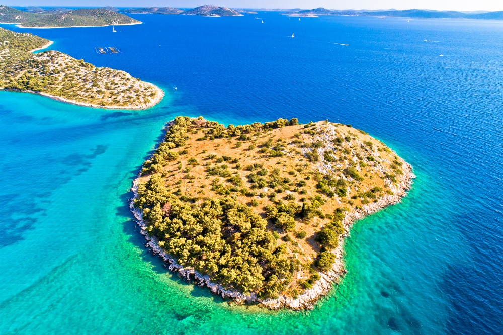 Small island in archipelago of Croatia aerial view, Kornati islands national park