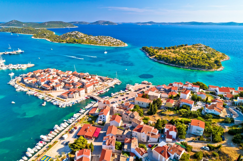 Tribunj old island town and archipelago of central Dalmatia aerial view, Adriatic coast of Croatia