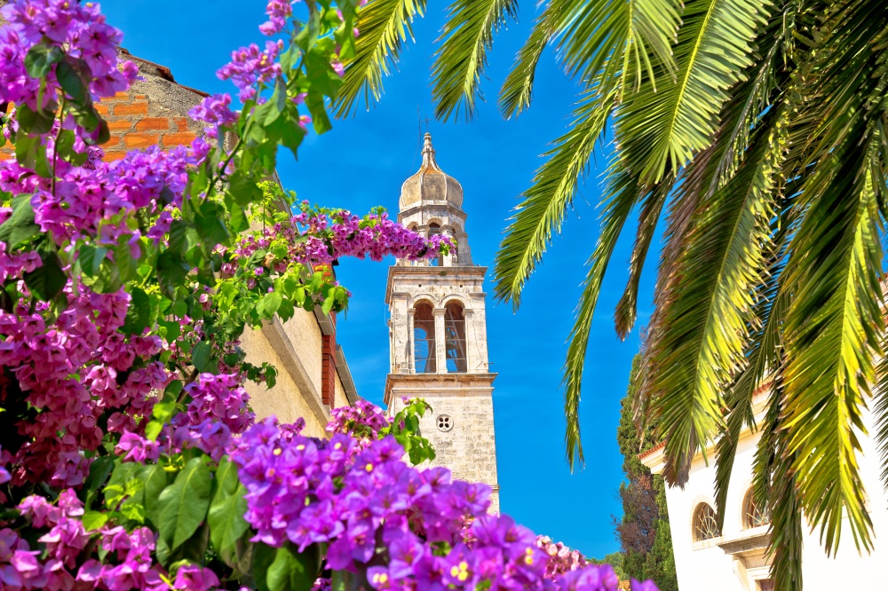 Vela Luka: Town of Vela Luka on Korcula island church tower and flowers view, archipelago of southern Dalmatia, Croatia