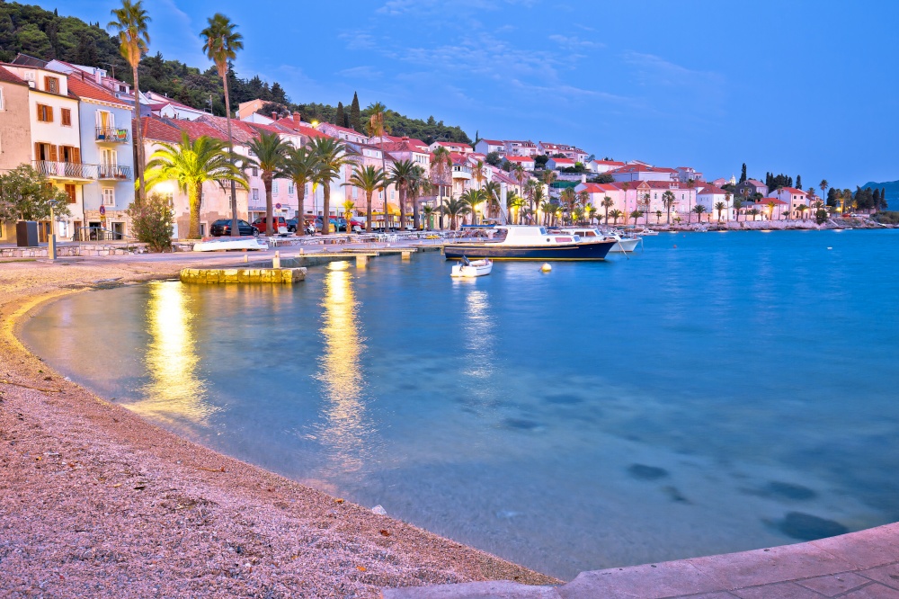 Korcula beach and coastline colorful evening view, island in archipelago of southern Croatia