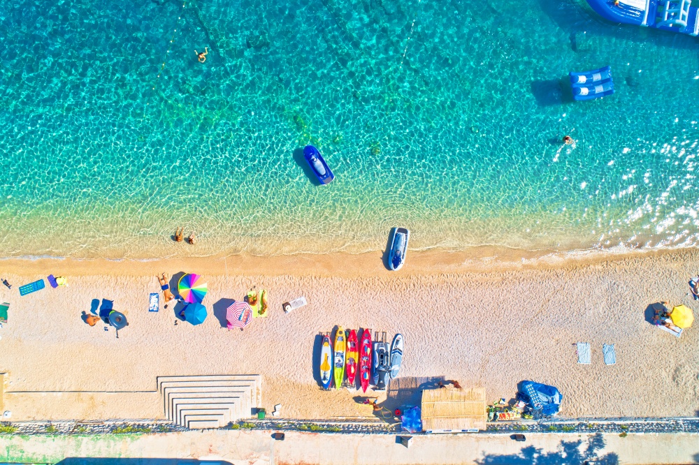 Aerial view of Idyllic beach in Orebic, Peljesac peninsula in Dalmatia region of Croatia