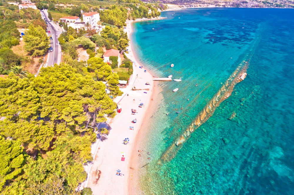Orebic on Peljesac peninsula waterfront summer speed boat aerial view, Dalmatia region of Croatia