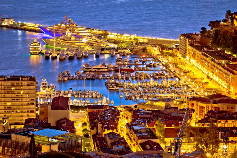 Monte Carlo yachting harbor and colorful waterfront golden dawn view, Principality of Monaco