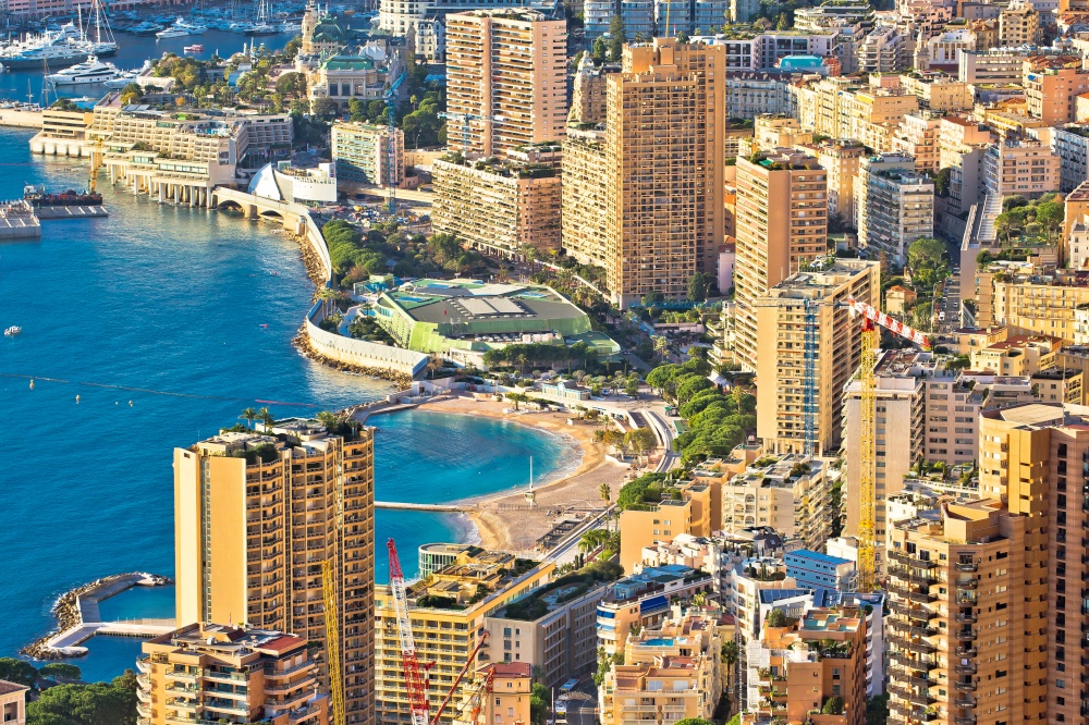 Les Plages. Monaco and Monte Carlo cityscape and harbor aerial view, Principality of Monaco