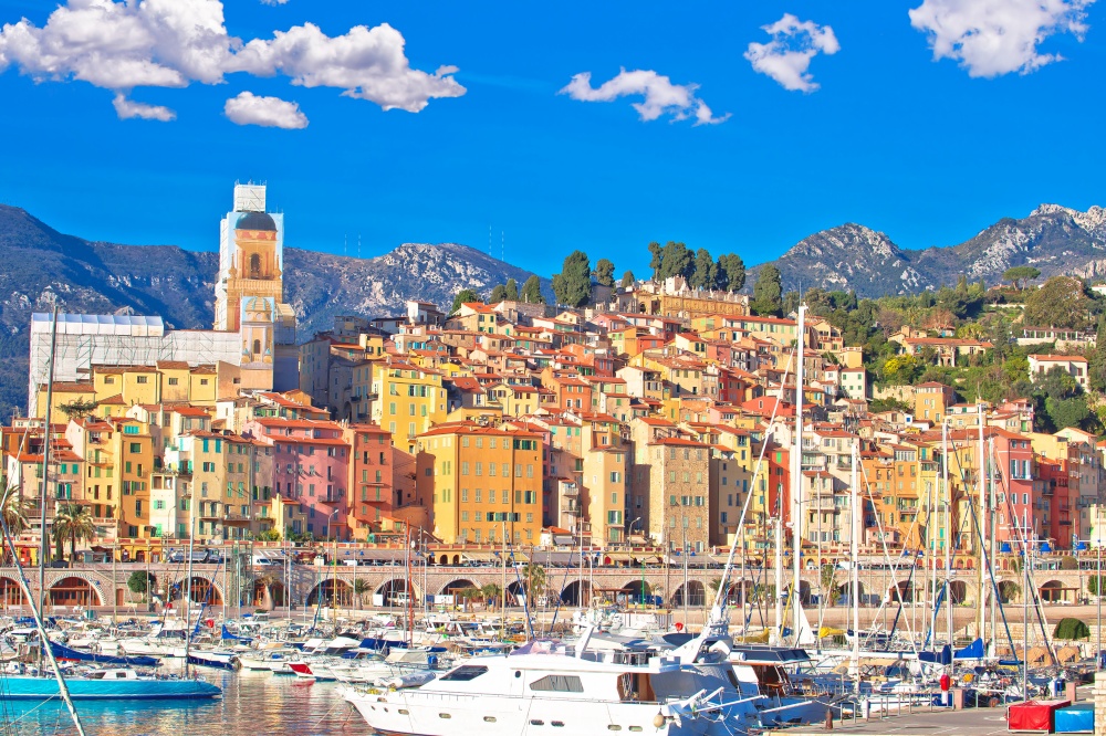 Colorful Cote d Azur town of Menton harbor and architecture view, Alpes-Maritimes department in southern France