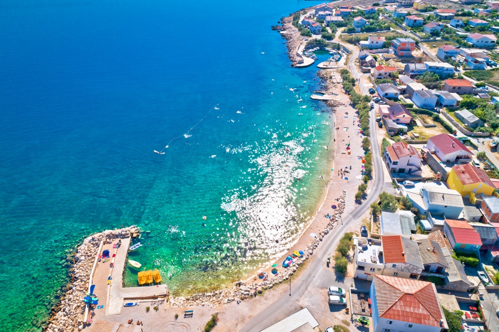 Razanac. Historic town of Razanac beach and waterfront aerial view, Dalmatia region of Croatia