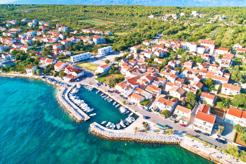 Zadar. Village of Diklo in Zadar archipelago aerial view of harbor and turquoise sea, Dalmatia region of Croatia