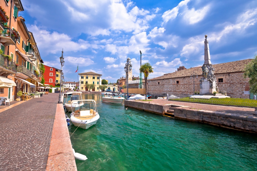 Lazise turquoise harbor and waterfront view, Lago di Garda, Veneto region of northern Italy