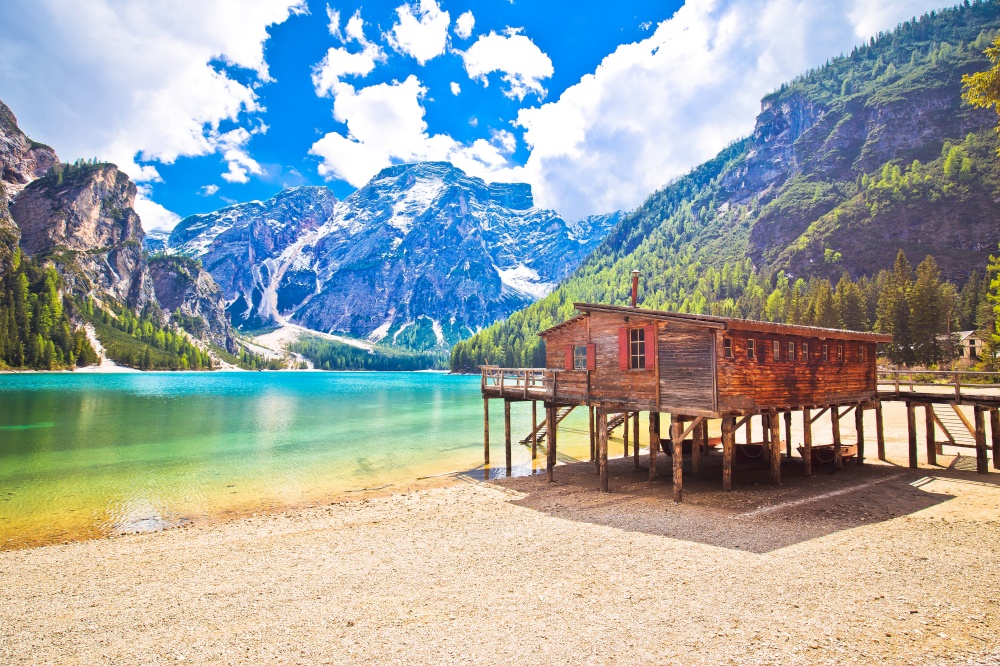 Braies lake in Dolomite Apls idyllic landscape view, South Tyrol region of Italy