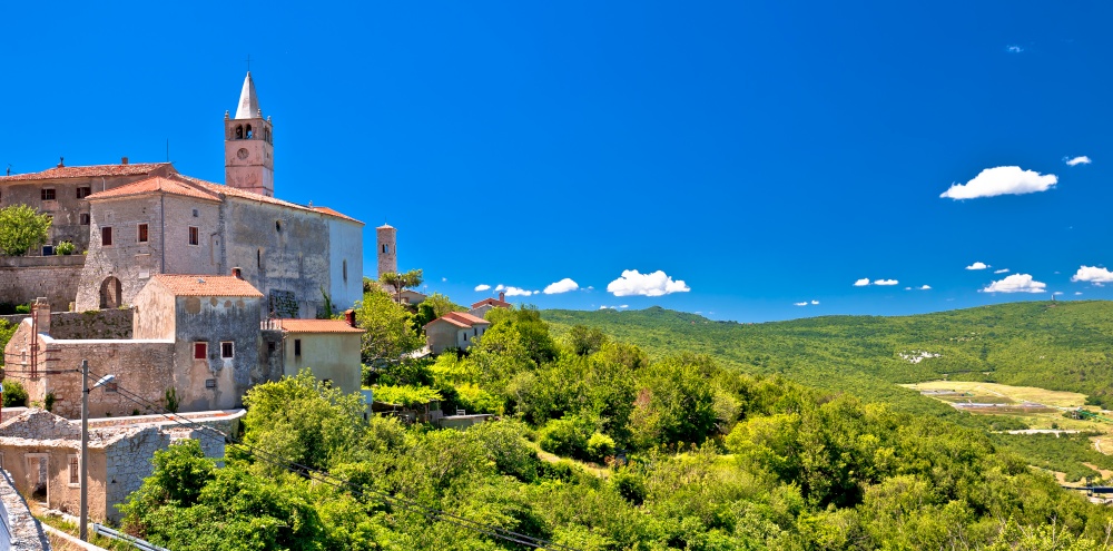 Idyllic istrian stone village of Plomin on green hill panoramic view, Istria region of Croatia