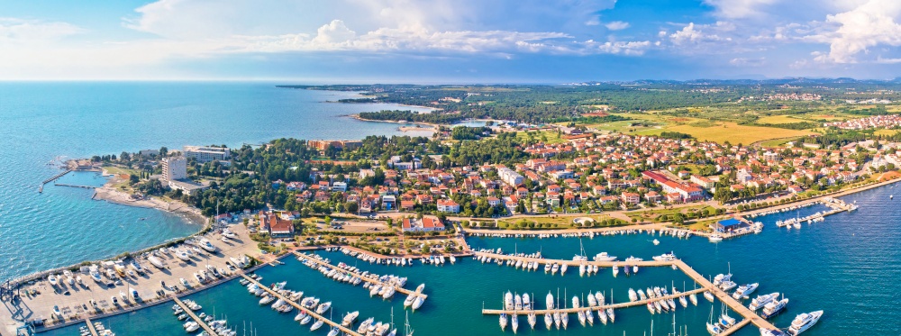 Adriatic coastline of Umag architecture aerial view, archipelago of Istria region, Croatia