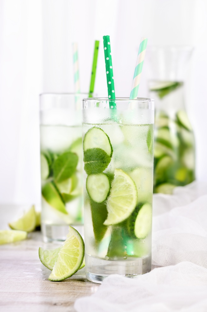 Refreshing  infused  water with cucumber, mint and lime . Summer beverage cocktail lemonade. Healthy drink and detox concept.