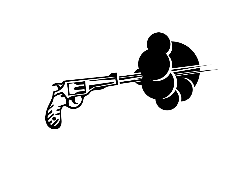 Revolver shoot vector illustration. Gun shoot drawing. Retro gun gangster symbol.