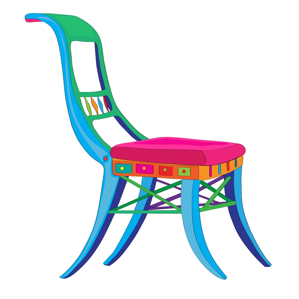 Hand drawn doodle illustration of a postmodern multicolored classical revival chair, object isolated on white, Empire hystorical furniture style