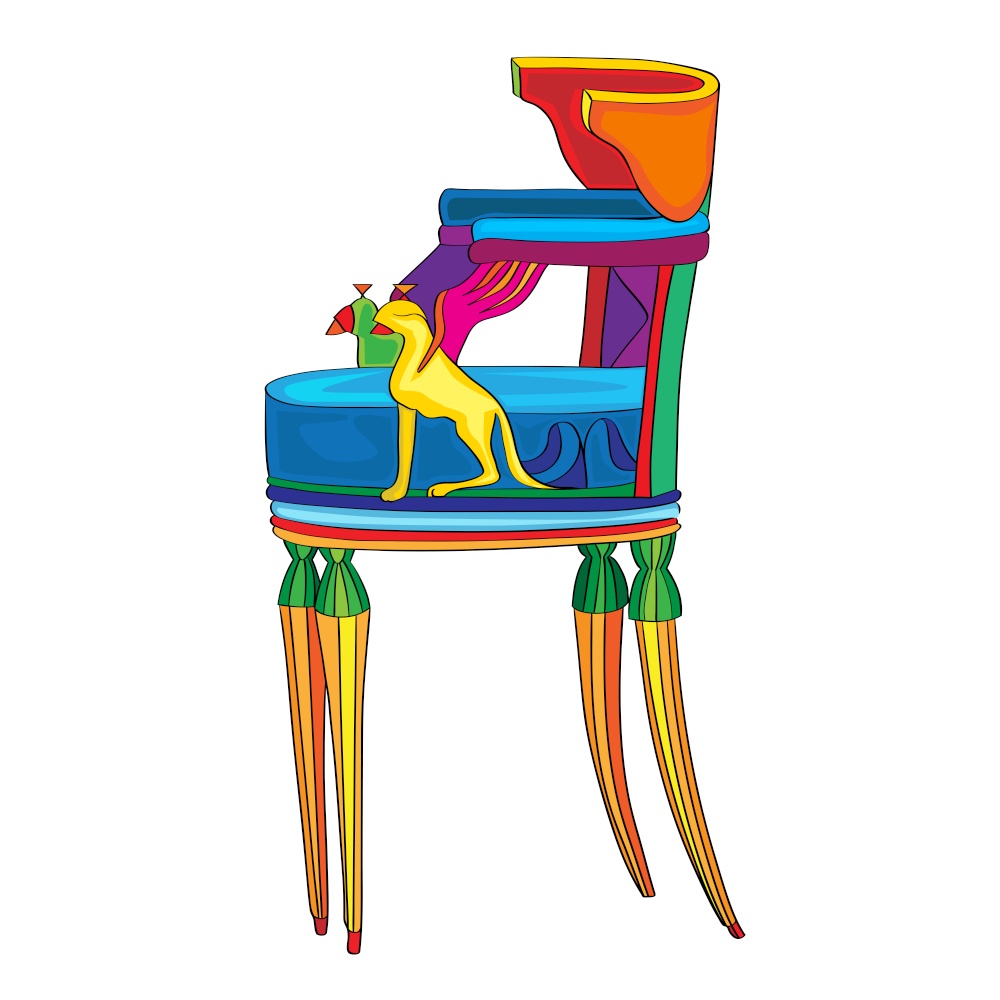 Hand drawn doodle illustration of a postmodern multicolored classical revival chair, object isolated on white, Empire hystorical furniture style