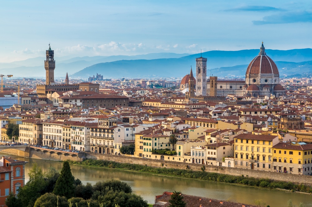 Panoramic sunset over cathedral of Santa Maria del Fiore in Florence, Italy