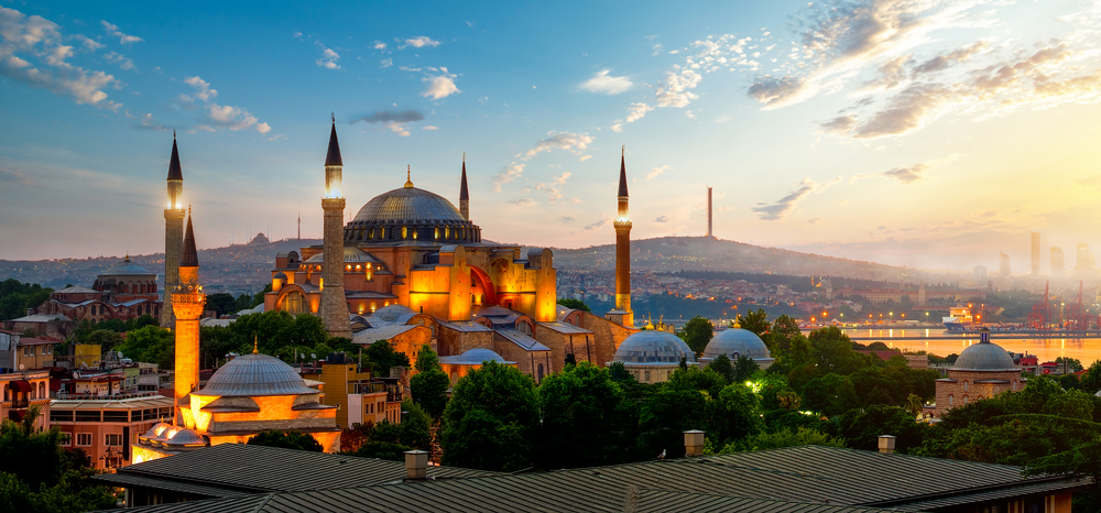 View on Ayasofya museum and cityscape of Istanbul at sunrise, Turkey. View on Ayasofya